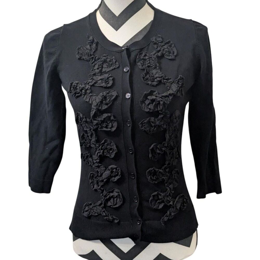 Evie. S Black Silk Blend Cardigan with 3D Rosette Ruffle Embellishments